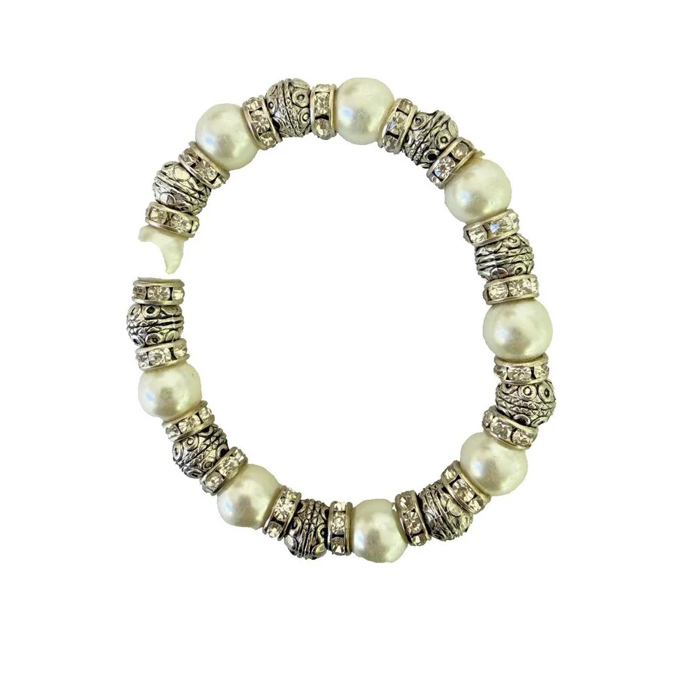 Vintage Faux Pearl Rhinestone Stretch Bracelet Silver Bali Bead Boho Chic